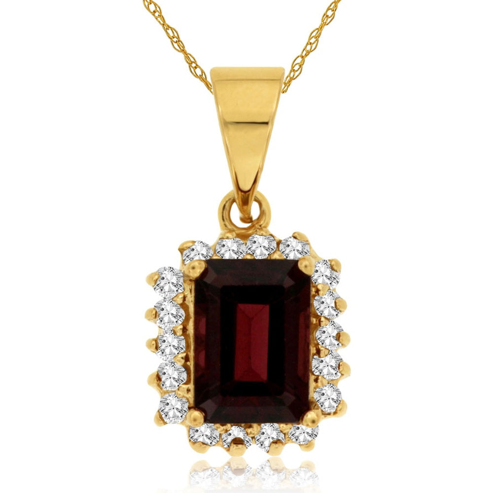 14K Yellow Gold Halo Pendant with Emerald-Cut Rhodolite and Prong-Set Diamonds - 1.30 Carat Rhodolite and 0.22 Carat Diamond Total Weight - Royal Jewelry