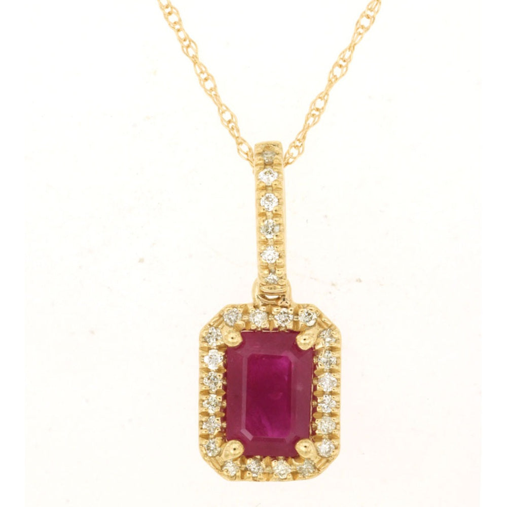 14K Yellow Gold Halo Pendant with Emerald-Cut Ruby and Round Diamond Accents - 1.10 Carat Ruby and 0.13 Carat Total Diamond Weight - Royal Jewelry