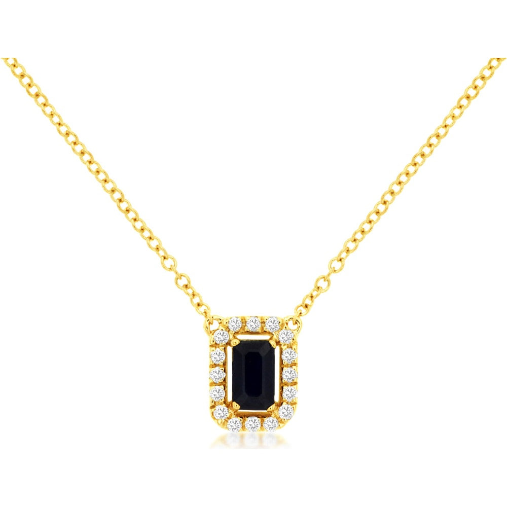 14K Yellow Gold Halo Pendant with Emerald Cut Sapphire and Round Diamonds - 0.37 Carat Sapphire and 0.11 Carat Diamond Total Weight - Royal Jewelry