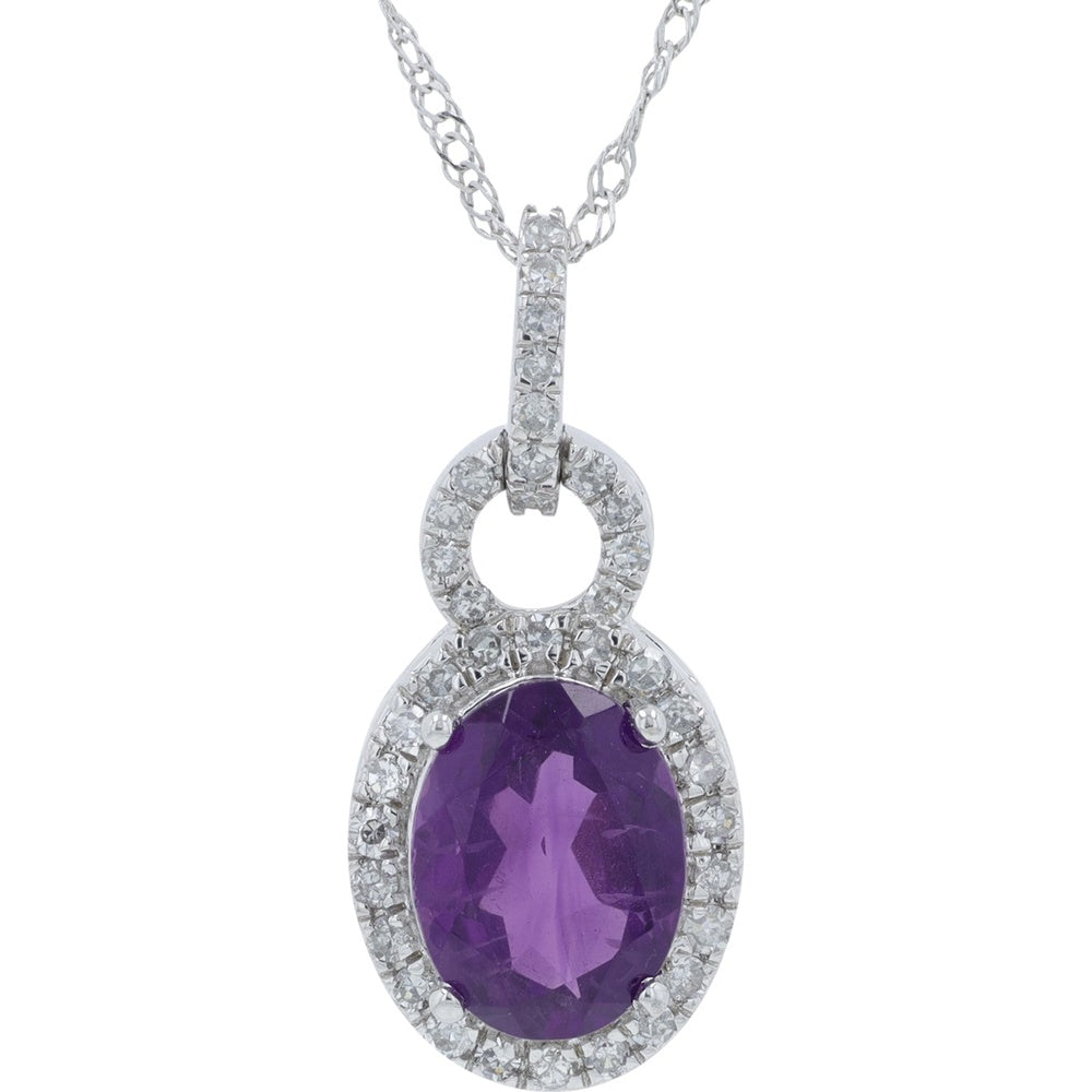 14K Yellow Gold Halo Pendant with Oval Amethyst and Diamond Accents - 1.40 Carat Amethyst and 0.18 Carat Total Diamond Weight