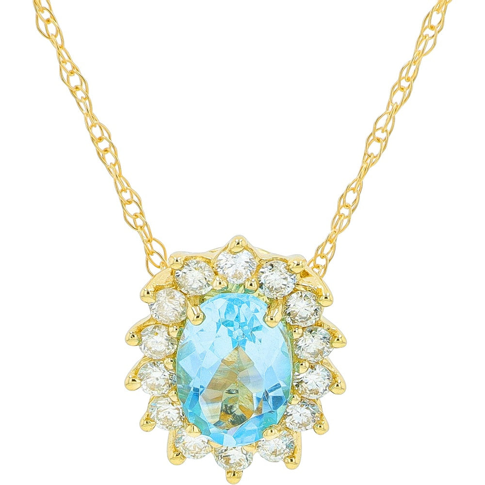 14K Yellow Gold Halo Pendant with Oval Blue Topaz and Round Diamond Accents - 0.60 Carat Blue Topaz and 0.20 Carat Total Diamond Weight