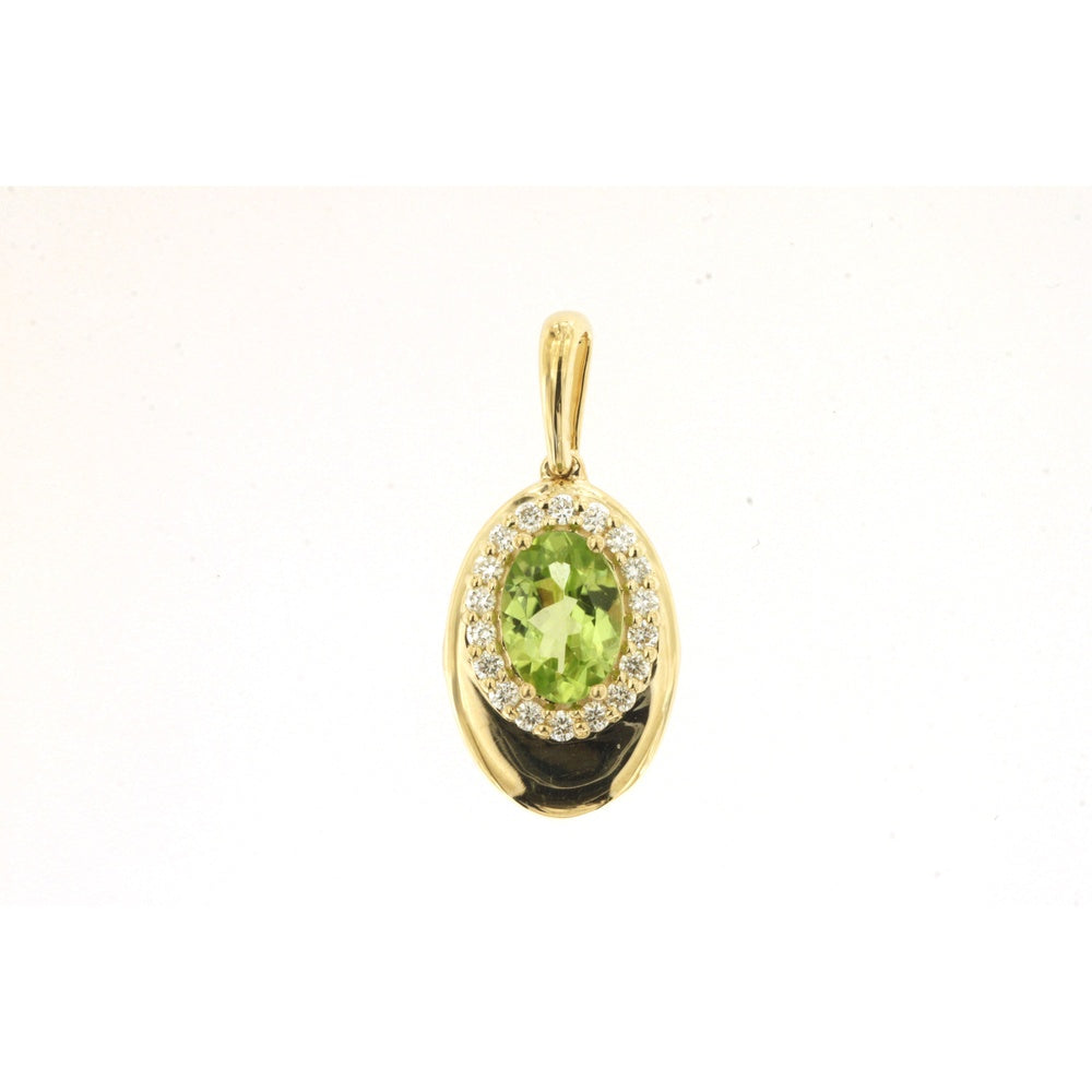 14K Yellow Gold Halo Pendant with Oval-Cut Peridot and Round Diamonds - 0.77 Carat Peridot and 0.15 Carat Total Diamond Weight - Royal Jewelry
