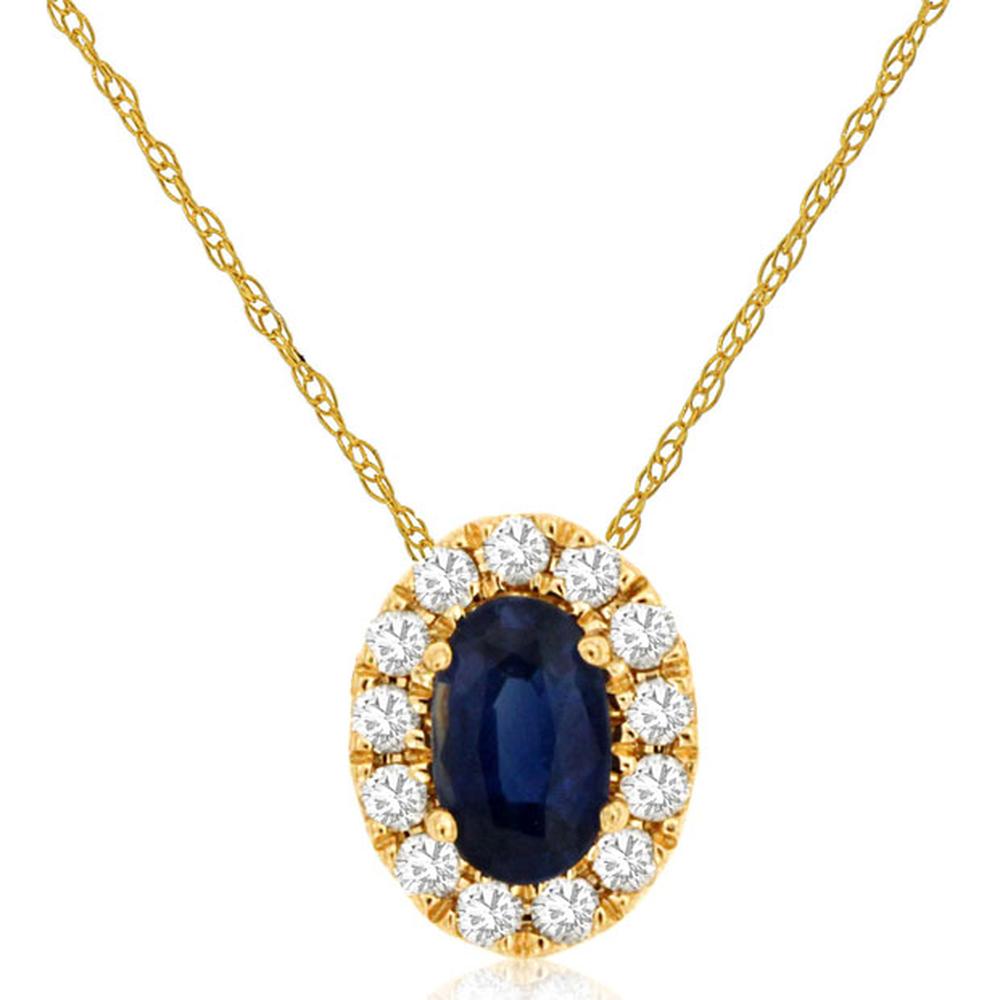 14K Yellow Gold Halo Pendant with Oval Cut Sapphire and Round Diamonds - 0.28 Carat Sapphire, 0.10 Carat Total Diamond Weight - Royal Jewelry