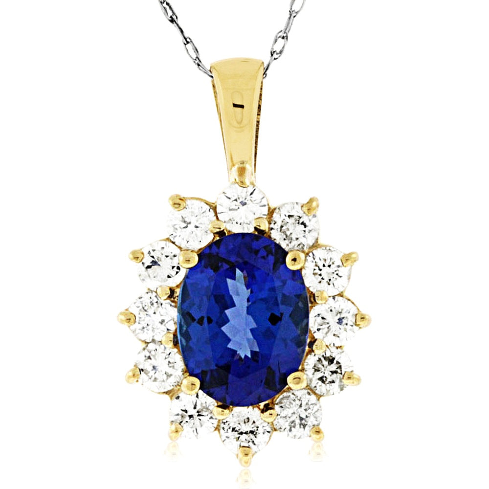 14K Yellow Gold Halo Pendant with Oval-Cut Tanzanite and Round Diamonds - 2.00 Carat Tanzanite and 1.00 Carat Total Diamond Weight - Royal Jewelry