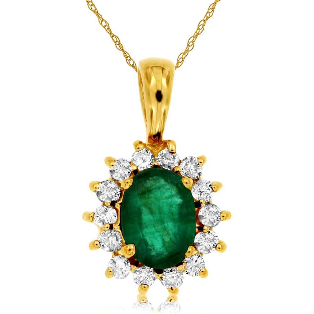 14K Yellow Gold Halo Pendant with Oval Emerald and Round Diamonds - 0.65 Carat Emerald and 0.30 Carat Total Diamond Weight - Royal Jewelry