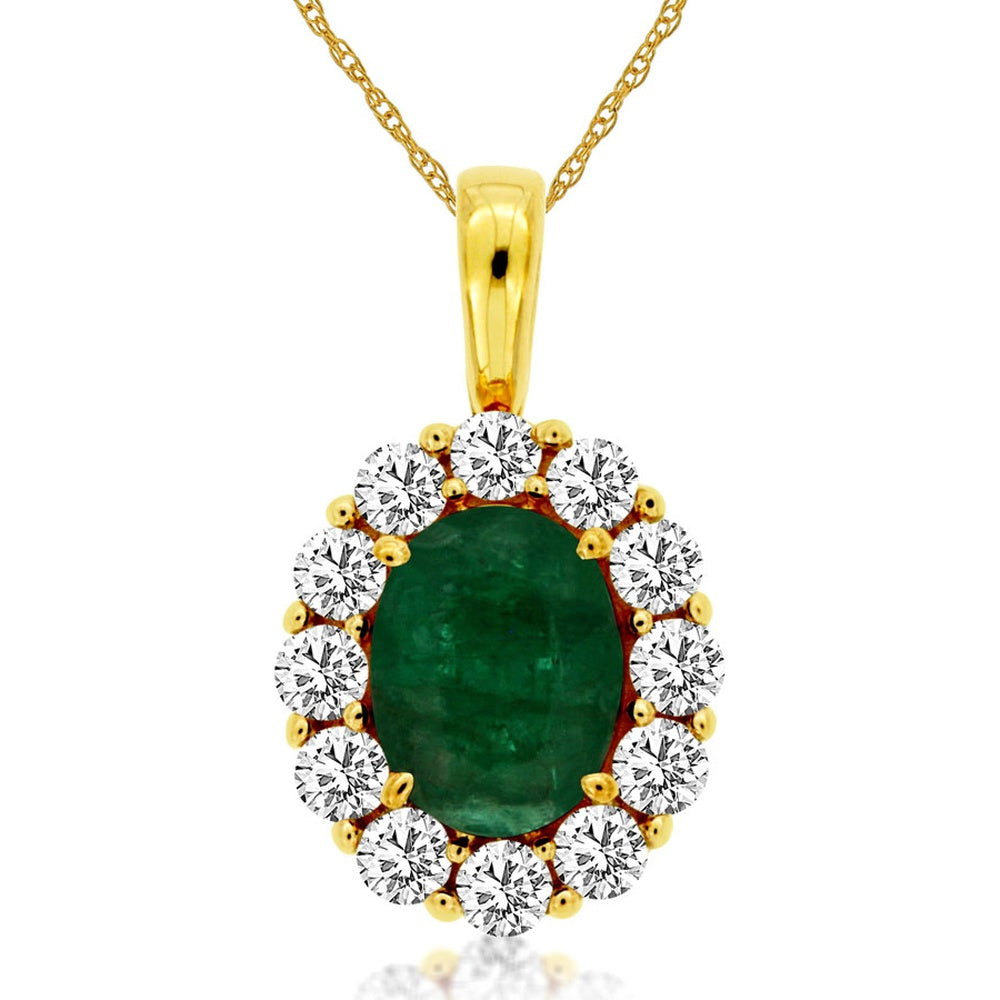14K Yellow Gold Halo Pendant with Oval Emerald and Round Diamonds - 1.10 Carat Emerald and 0.75 Carat Total Diamond Weight - Royal Jewelry