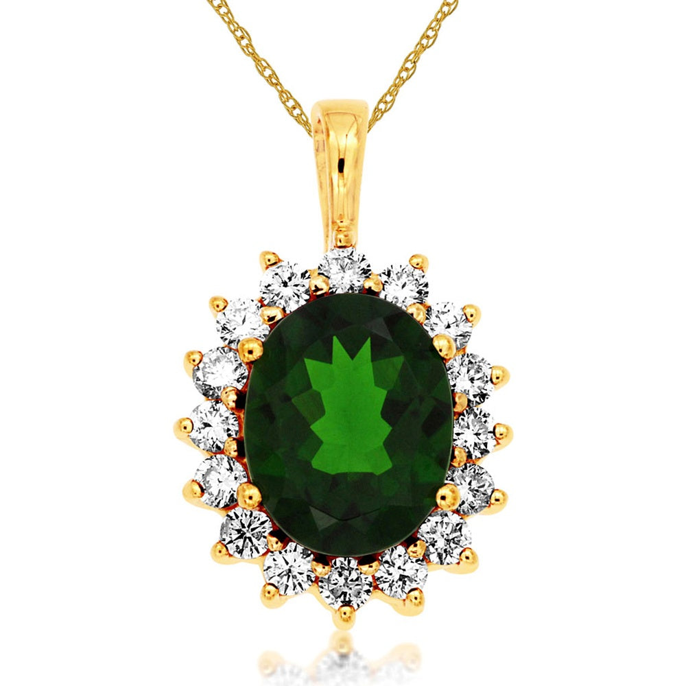 14K Yellow Gold Halo Pendant with Oval Green Russalite and Round Diamonds - 2.60 Carat Russalite and 0.65 Carat Total Diamond Weight - Royal Jewelry