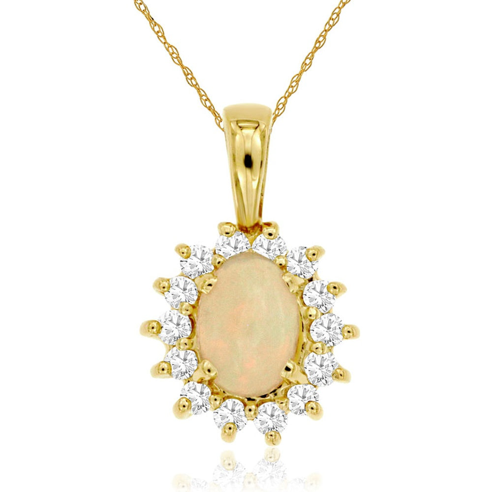14K Yellow Gold Halo Pendant with Oval Opal and Prong-Set Round Diamonds - 0.50 Carat Opal and 0.30 Carat Total Diamond Weight - Royal Jewelry