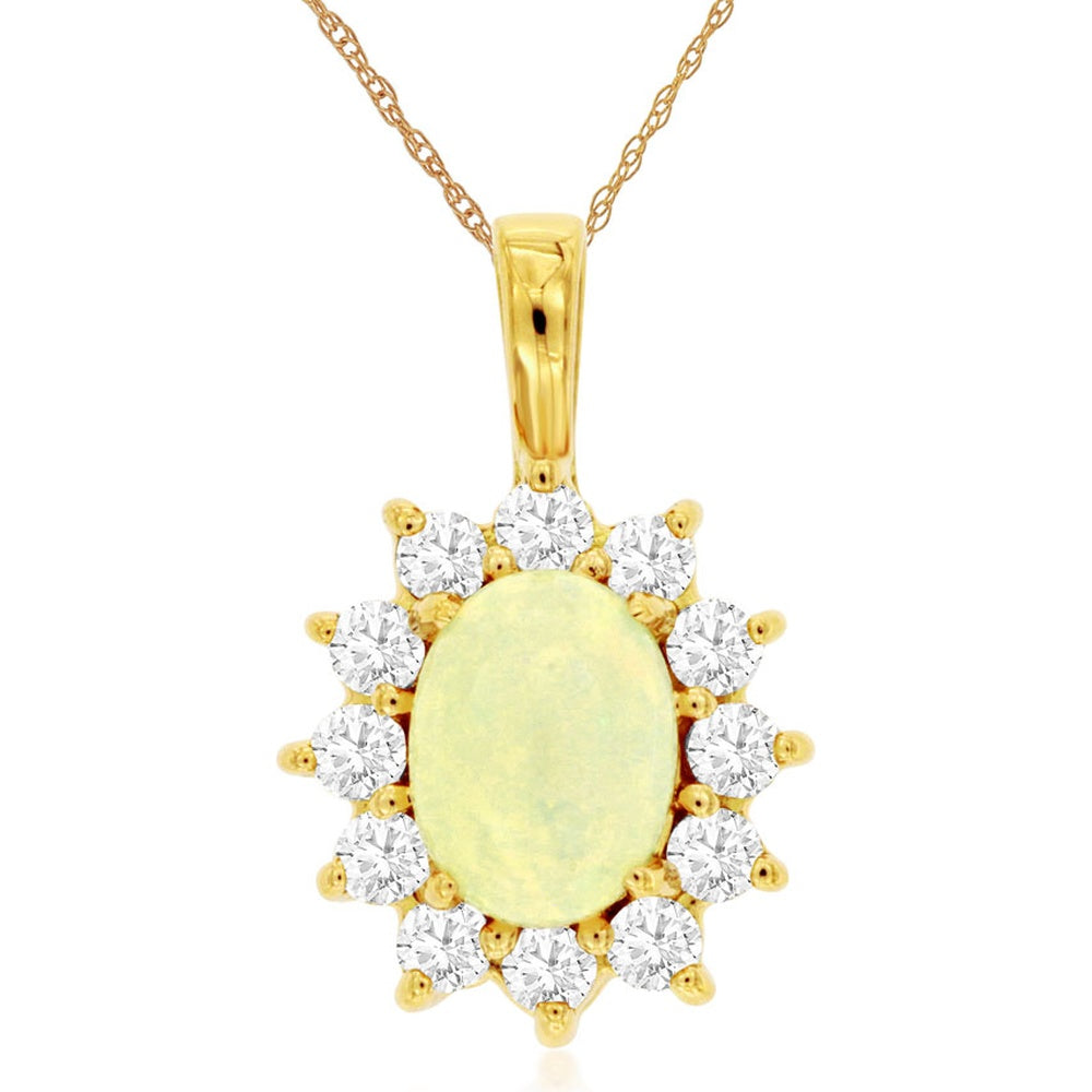 14K Yellow Gold Halo Pendant with Oval Opal and Round Diamonds - 0.63 Carat Total Diamond Weight and 0.90 Carat Opal Weight - Royal Jewelry