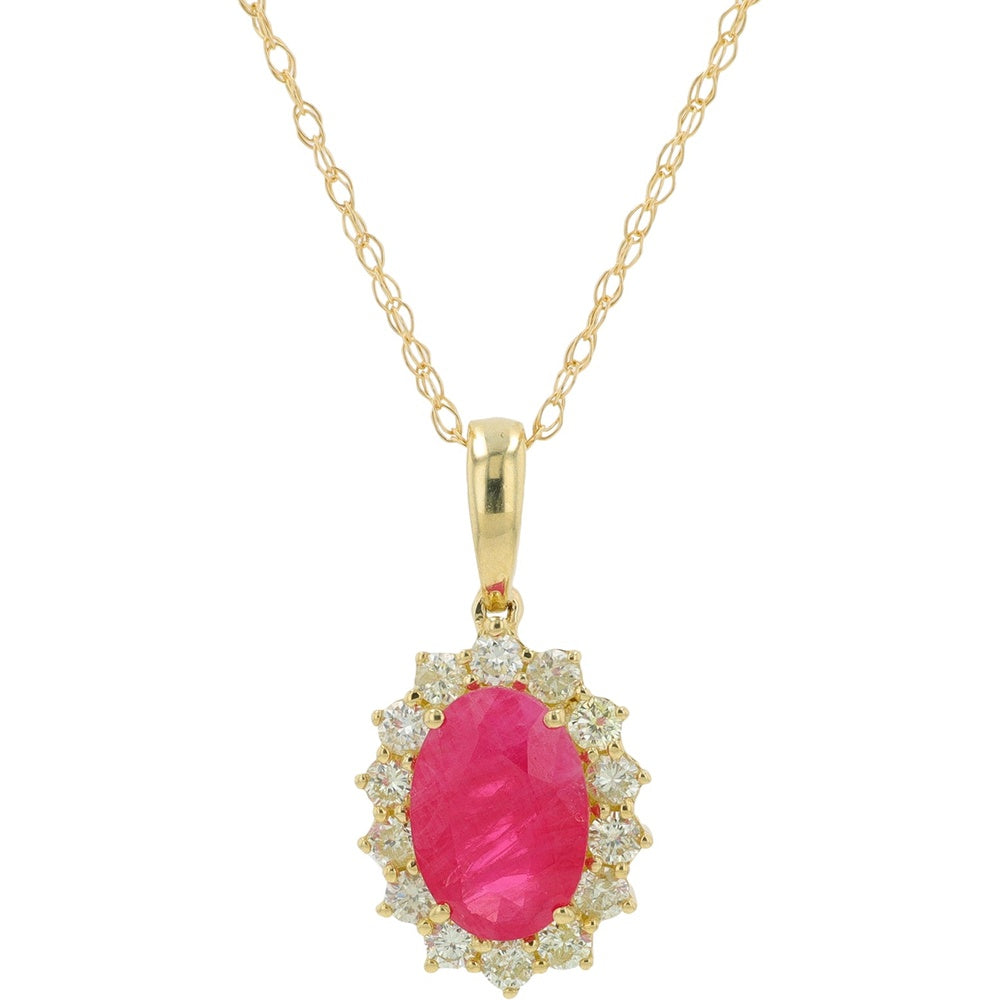 14K Yellow Gold Halo Pendant with Oval Ruby and Round Diamonds - 0.80 to 1.00 Carat Total Ruby Weight and 0.21 Carat Total Diamond Weight