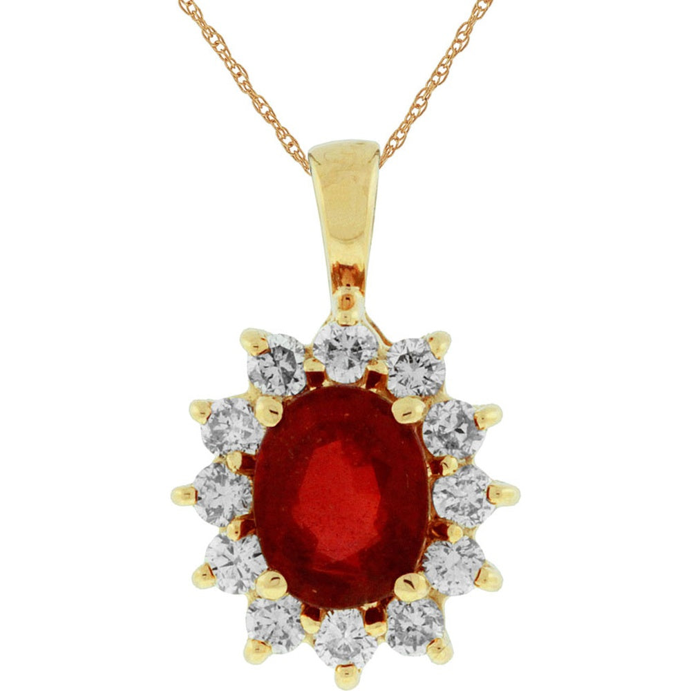 14K Yellow Gold Halo Pendant with Oval Ruby and Round Diamonds - 1.35 Carat Ruby and 0.63 Carat Total Diamond Weight - Royal Jewelry