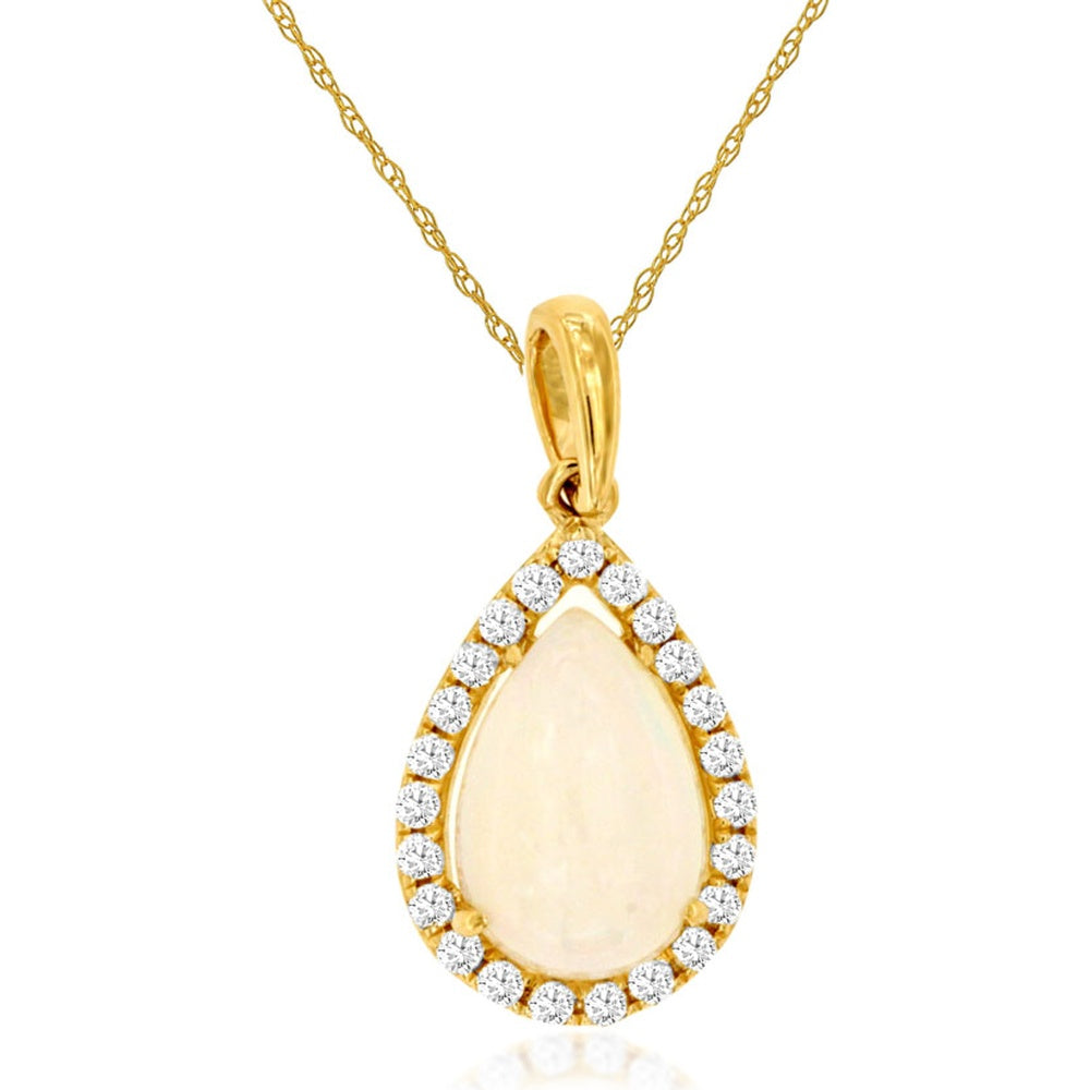 14K Yellow Gold Halo Pendant with Pear-Shaped Opal and Round Diamond Accents - 0.75 Carat Opal and 0.14 Carat Total Diamond Weight - Royal Jewelry