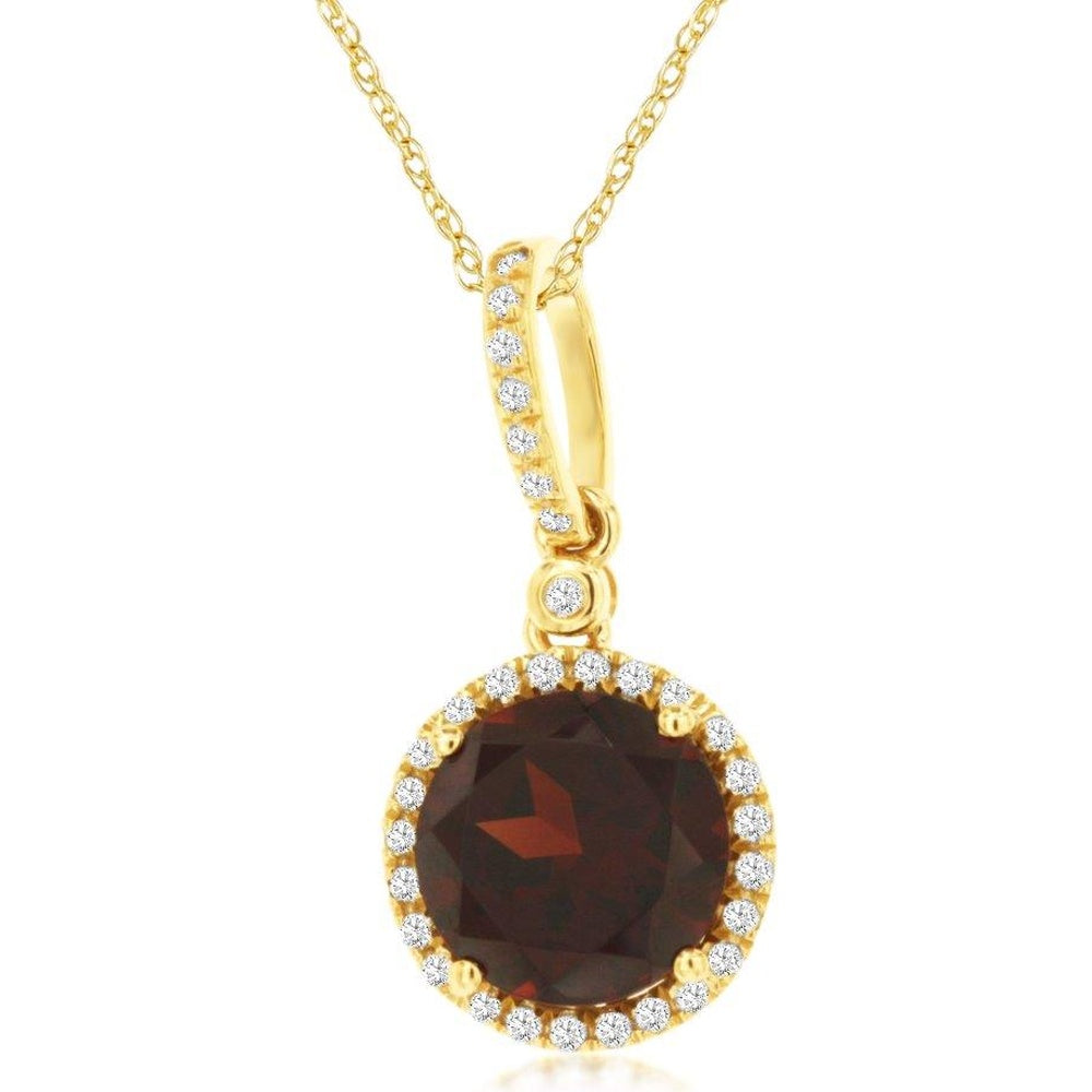 14K Yellow Gold Halo Pendant with Round Garnet and Diamond Accents - 2.40 Carat Garnet and 0.12 Carat Total Diamond Weight - Royal Jewelry