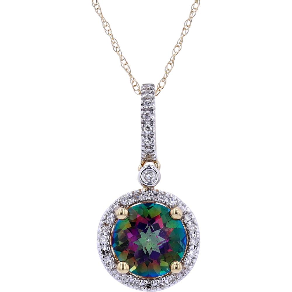 14K Yellow Gold Halo Pendant with Round Mystic Gemstone and Diamond Accents - 0.11 Carats Total Diamond Weight