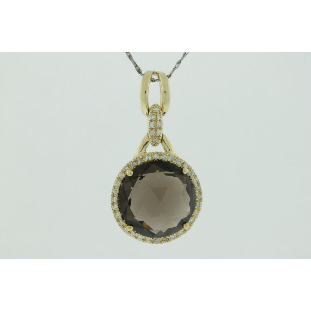 14K Yellow Gold Halo Pendant with Round Smoky Quartz and Pavé Set Round Diamonds - 5.00 Carat Smoky Quartz and 0.12 Carat Total Diamond Weight - Royal Jewelry