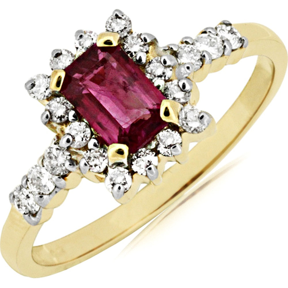 14K Yellow Gold Halo Ring with 0.60 Carat Emerald-Cut Ruby and 0.35 Carat Round Brilliant Diamonds - Royal Jewelry
