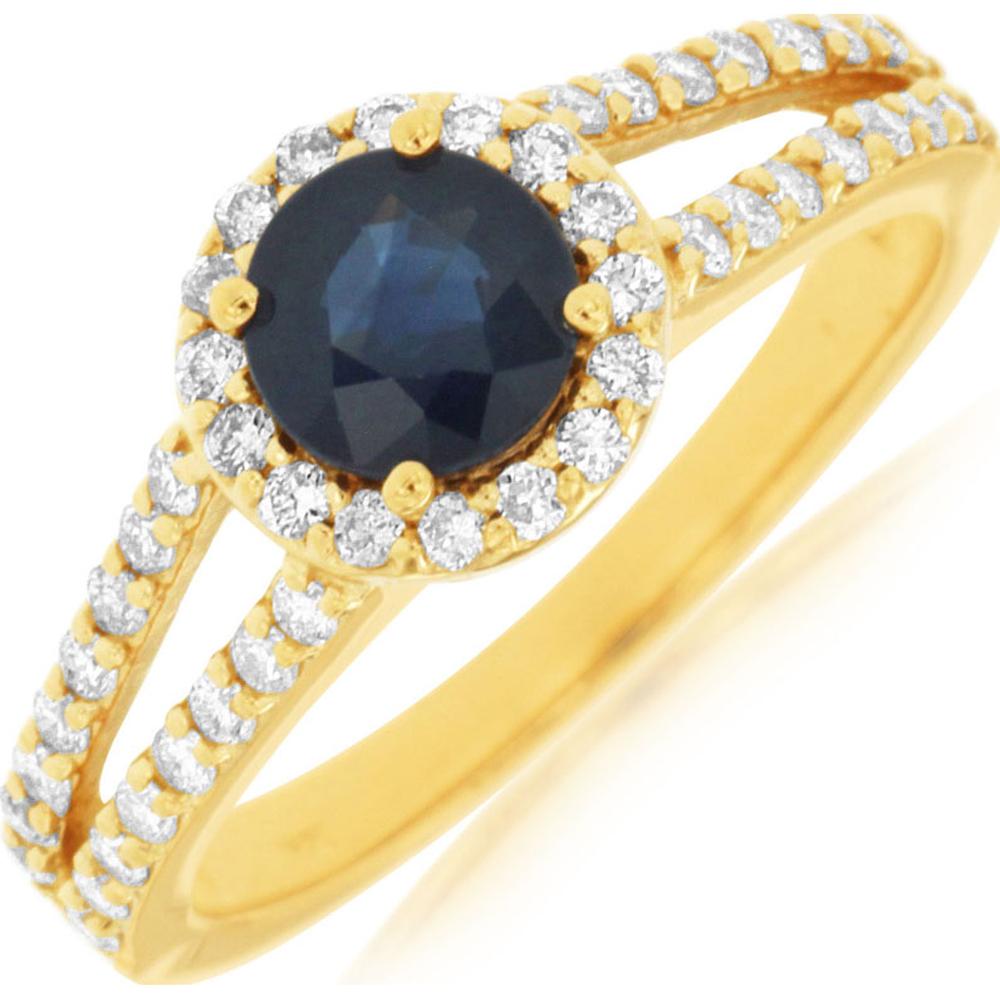 14K Yellow Gold Halo Ring with 0.80 Carat Round Sapphire and 0.48 Carat Total Weight Diamonds in Split Shank Design - Royal Jewelry