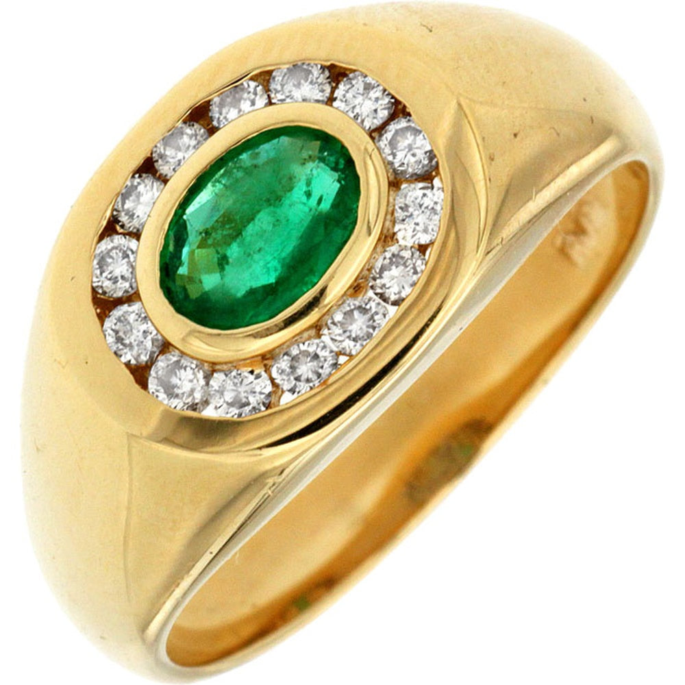 14K Yellow Gold Halo Ring with 0.85 Carat Oval Emerald and 0.30 Carat Round Diamonds - Bead-Set Brilliant Accents - Royal Jewelry