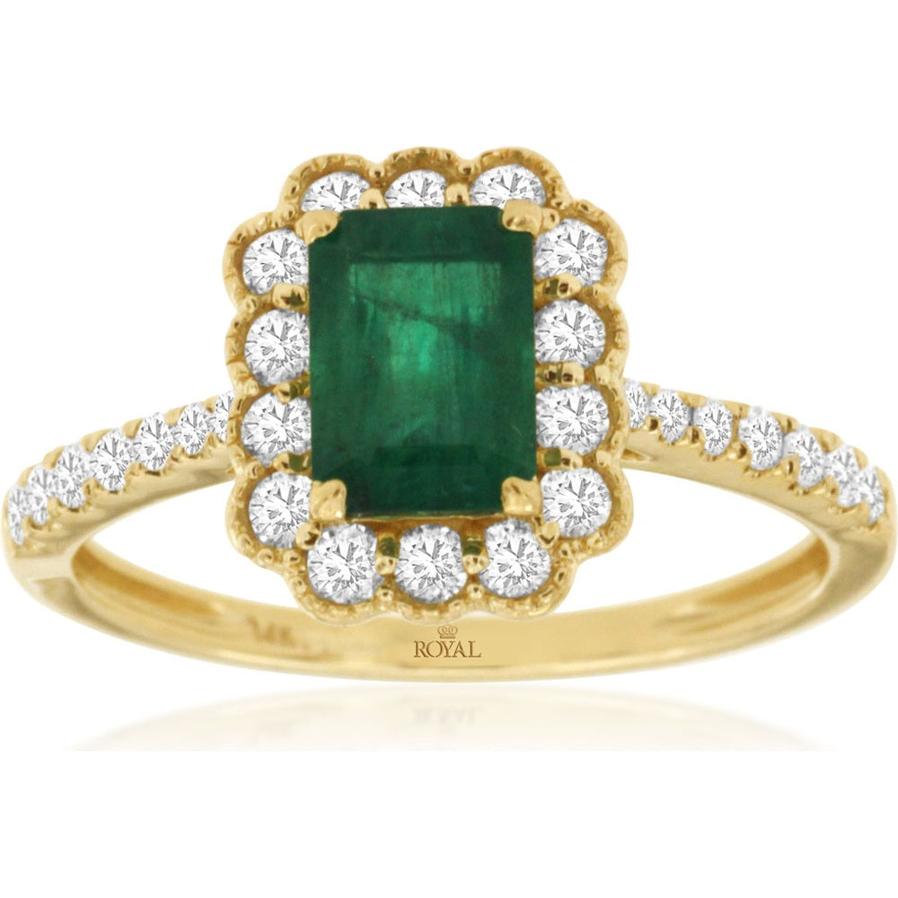 14K Yellow Gold Halo Ring with 1.00 Carat Emerald Cut Emerald and 0.48 Carat Total Round Diamond Scalloped Setting - Royal Jewelry