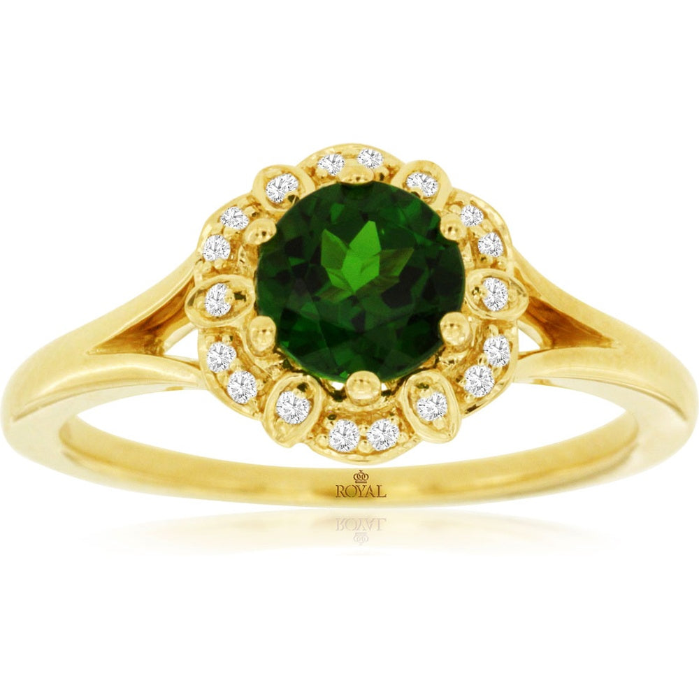 14K Yellow Gold Halo Ring with 1.00 Carat Round Russalite and 0.09 Carat Total Diamond Accents - Royal Jewelry