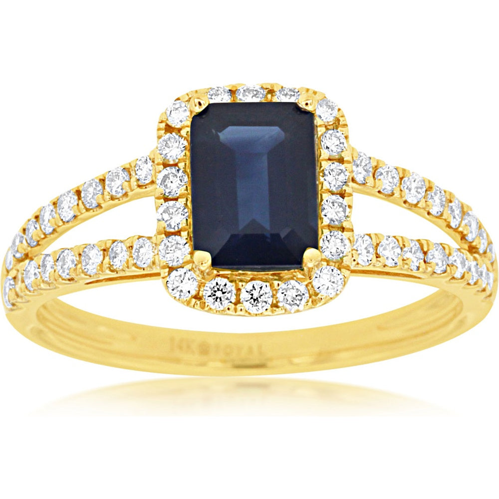 14K Yellow Gold Halo Ring with 1.05 Carat Emerald Cut Sapphire and 0.45 Carat Round Diamonds - Royal Jewelry