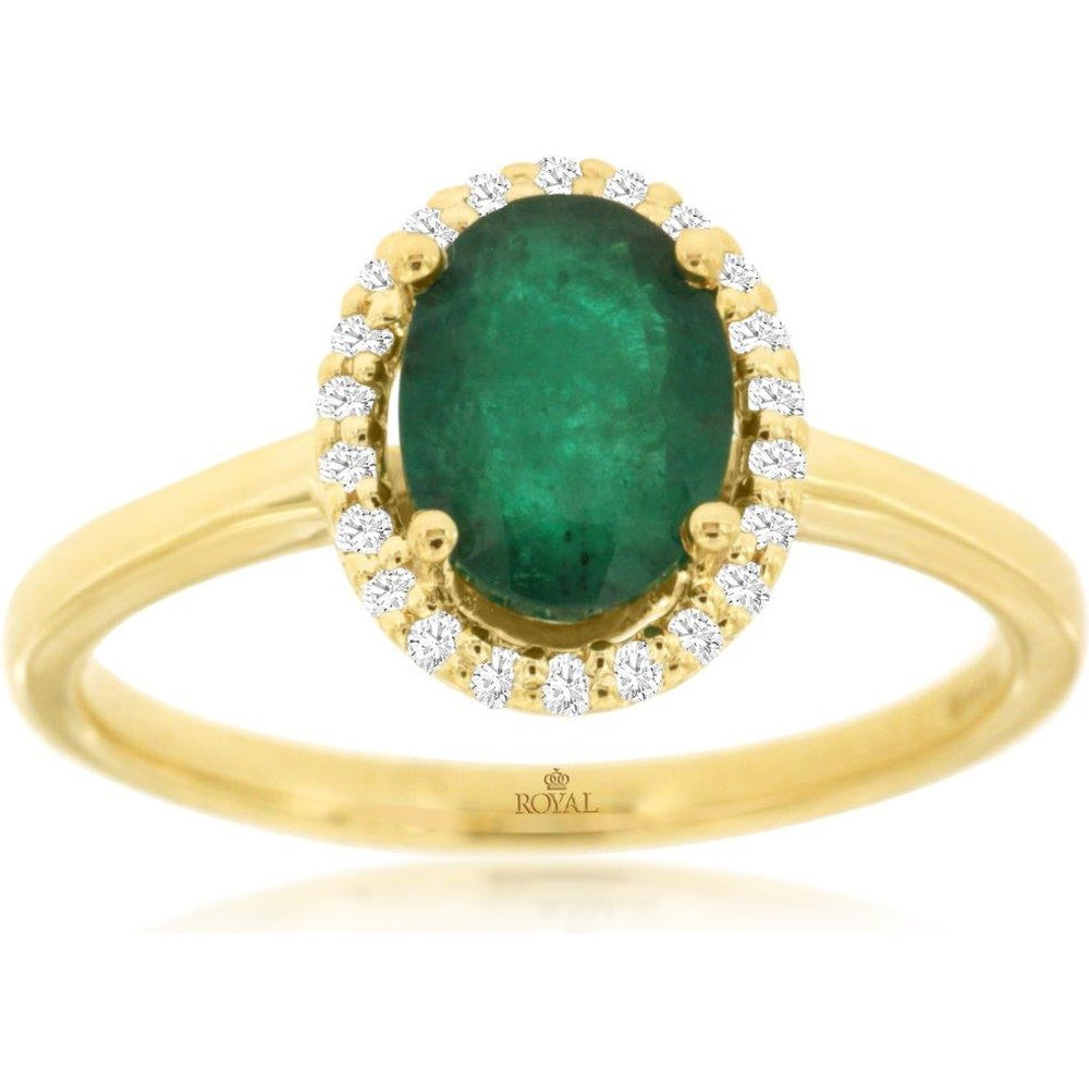 14K Yellow Gold Halo Ring with 1.10 Carat Oval Emerald and 0.12 Carat Round Diamonds - Royal Jewelry