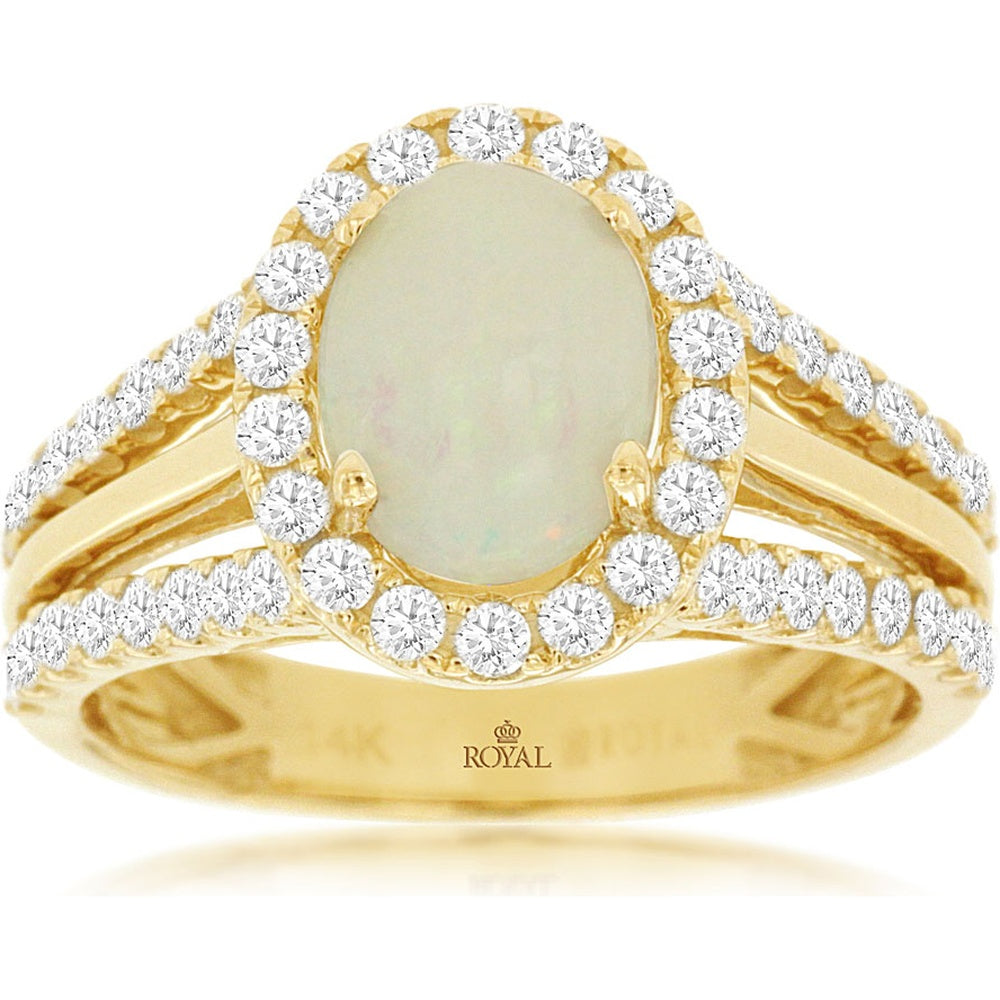 14K Yellow Gold Halo Ring with 1.10 Carat Oval Opal and 0.82 Carat Round Diamond Accents - Split Shank Design - Royal Jewelry