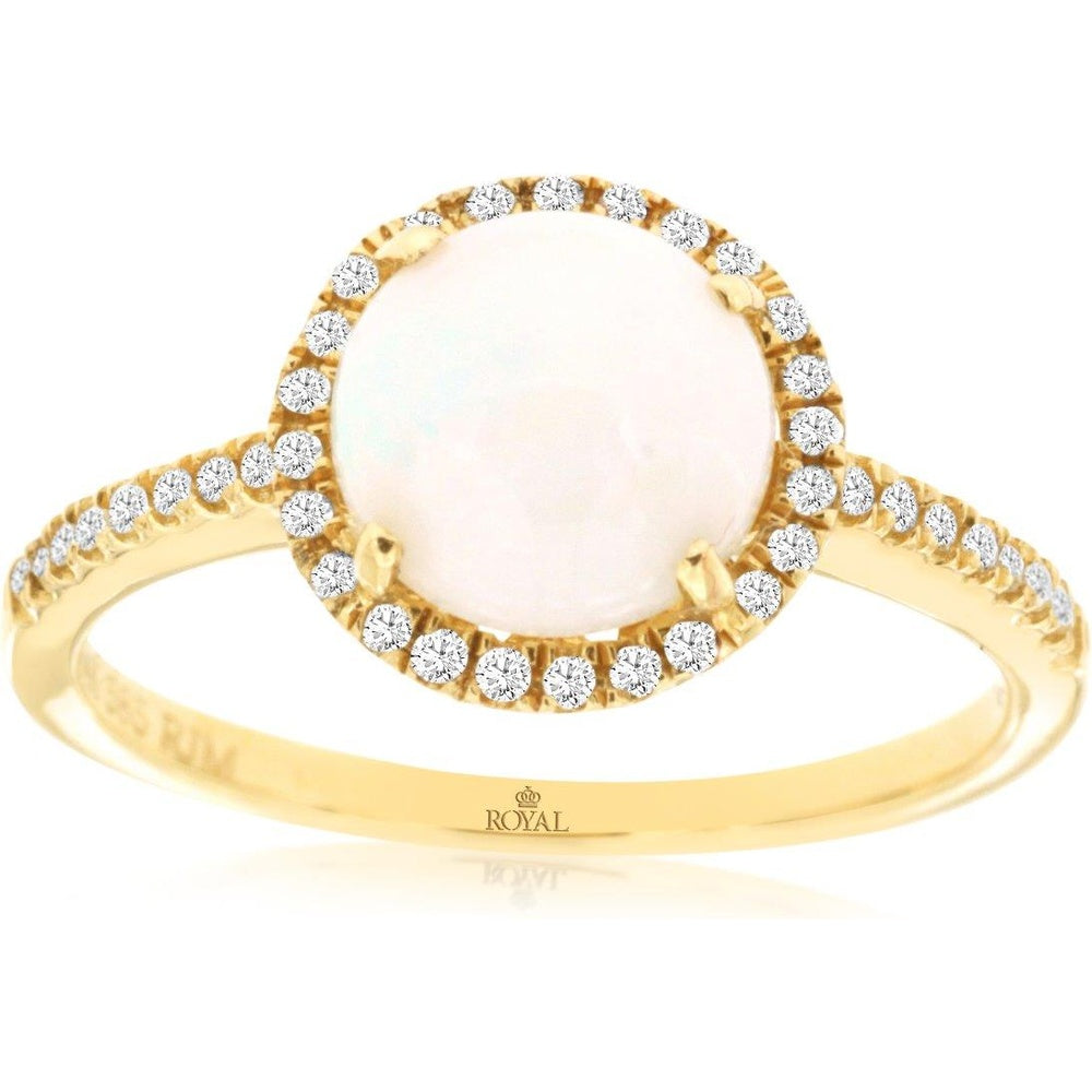 14K Yellow Gold Halo Ring with 1.20 Carat Cabochon Opal and 0.16 Carat Round Brilliant Diamonds - Royal Jewelry