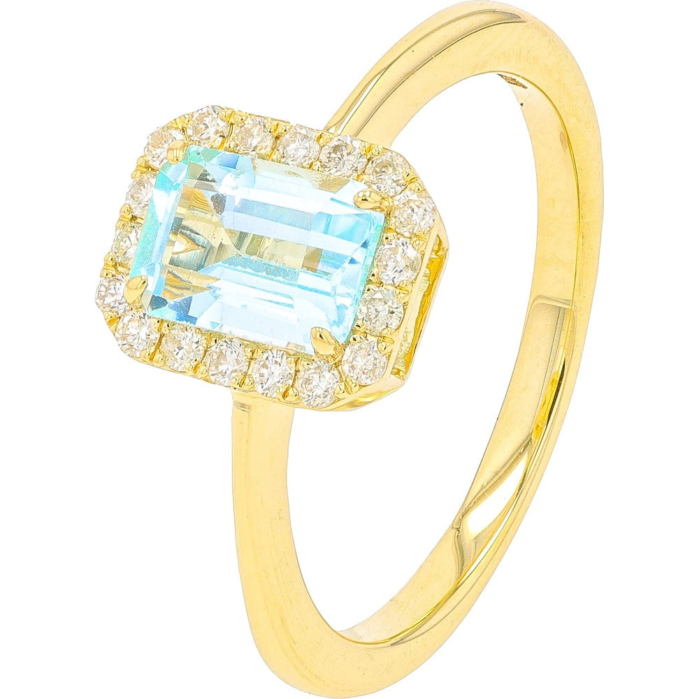 14K Yellow Gold Halo Ring with 1.20 Carat Emerald Cut Sky Blue Topaz and 0.20 Carat Round Diamond Accents