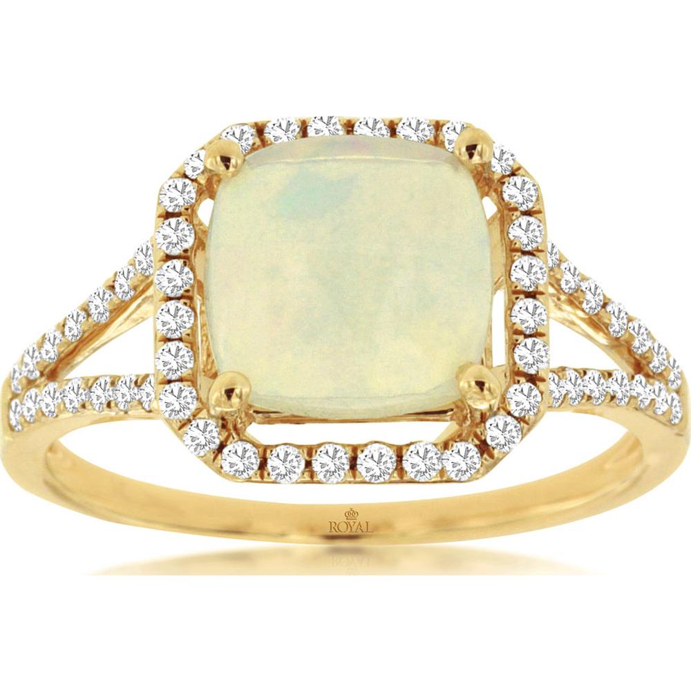 14K Yellow Gold Halo Ring with 1.40 Carat Cushion Cut Opal and 0.30 Carat Round Diamond Accents - Royal Jewelry