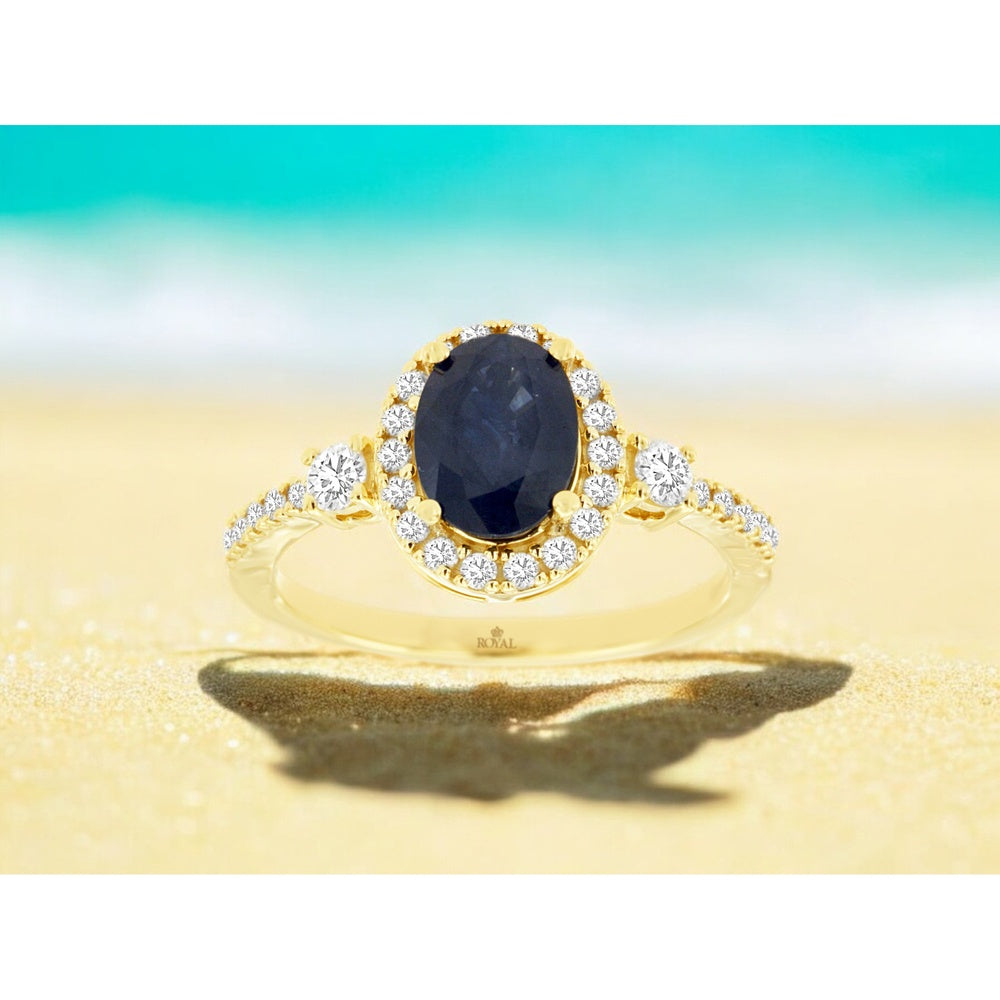 14K Yellow Gold Halo Ring with 1.47 Carat Oval Sapphire and 0.40 Carat Round Diamond Accents - Royal Jewelry