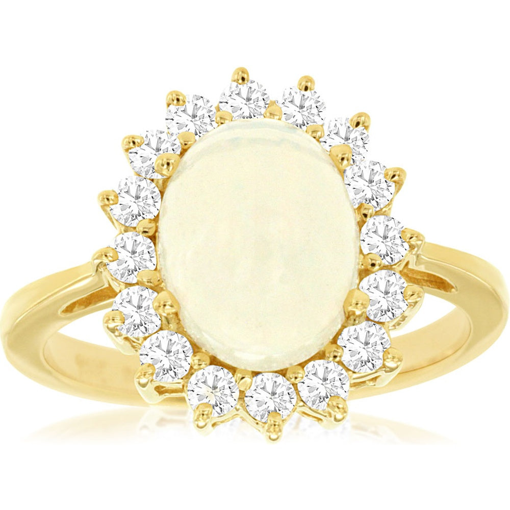14K Yellow Gold Halo Ring with 1.70 Carat Oval Opal and 0.65 Carat Round Diamond Accent Stones - Royal Jewelry