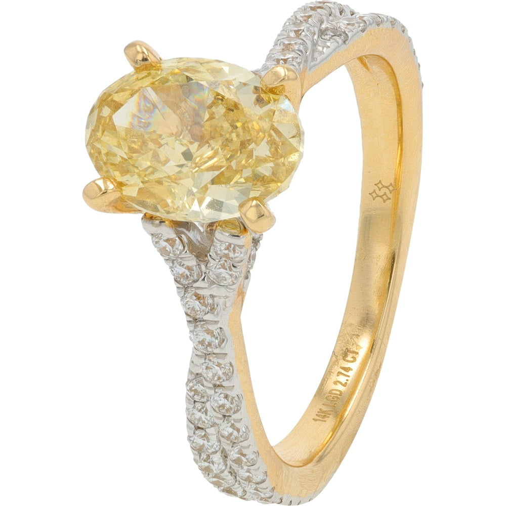 14K Yellow Gold Halo Ring with 2.12 Carat Oval Lab Grown Yellow Diamond and Accent Pavé Diamonds - 2.74 Carat Total Diamond Weight