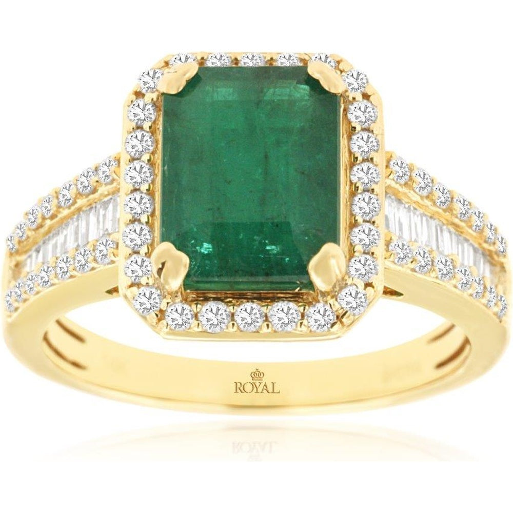 14K Yellow Gold Halo Ring with 2.15 Carat Emerald Cut Emerald and 1.00 Carat Round and Baguette Diamonds - Royal Jewelry