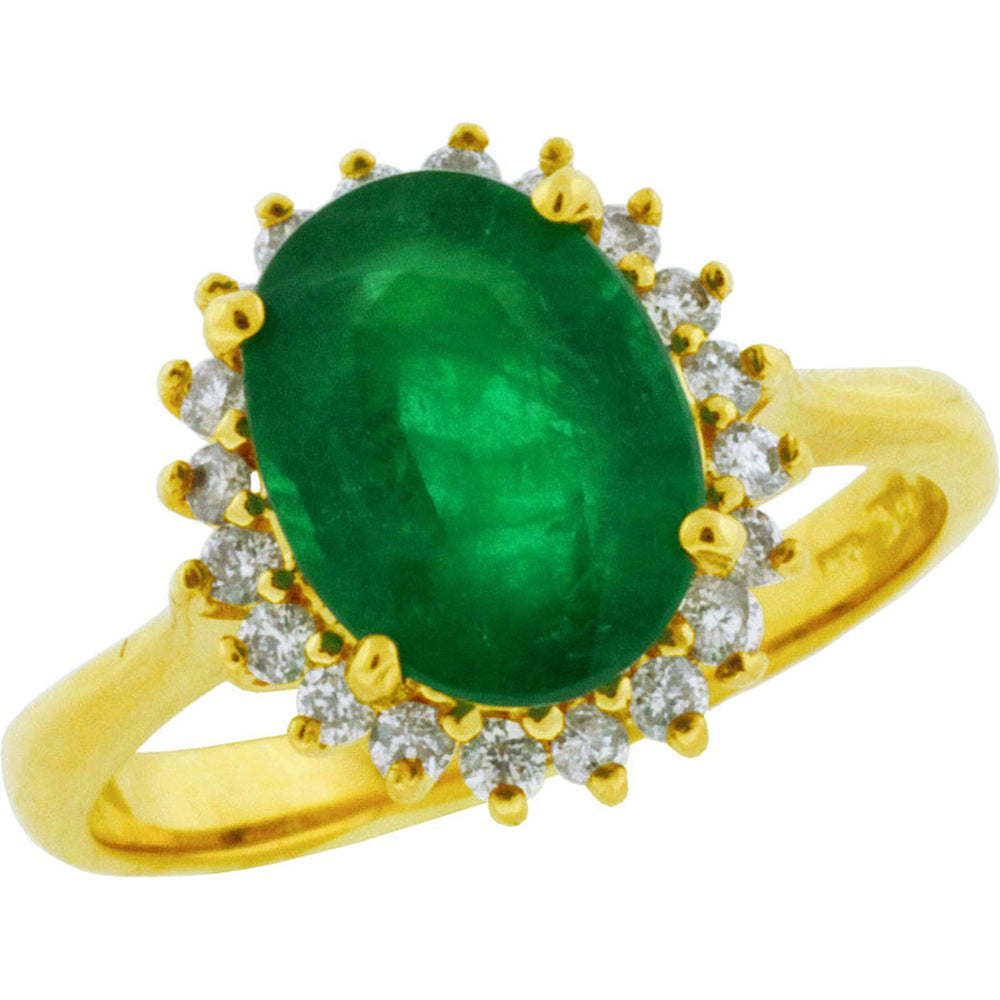 14K Yellow Gold Halo Ring with 2.40 Carat Oval Emerald and 0.36 Carat Round Diamonds - Princess Di Inspired Design - Royal Jewelry