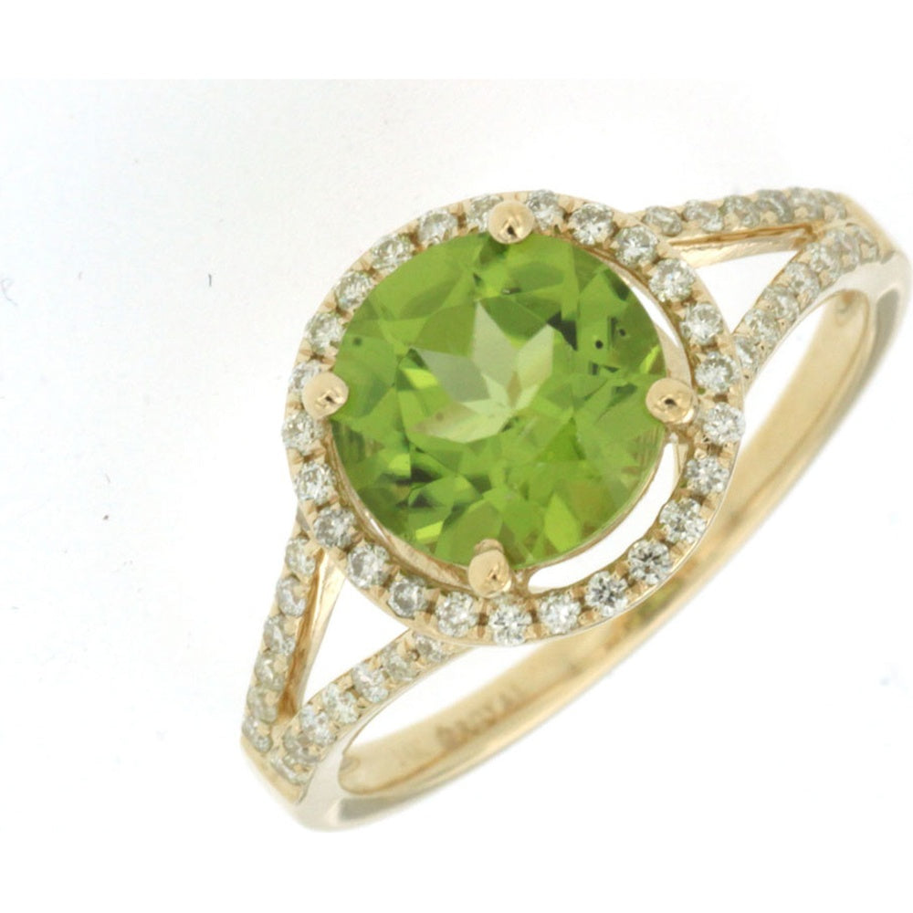 14K Yellow Gold Halo Ring with 2.40-Carat Round Peridot and Pavé-Set Diamonds - 0.31 Carat Total Diamond Weight - Royal Jewelry