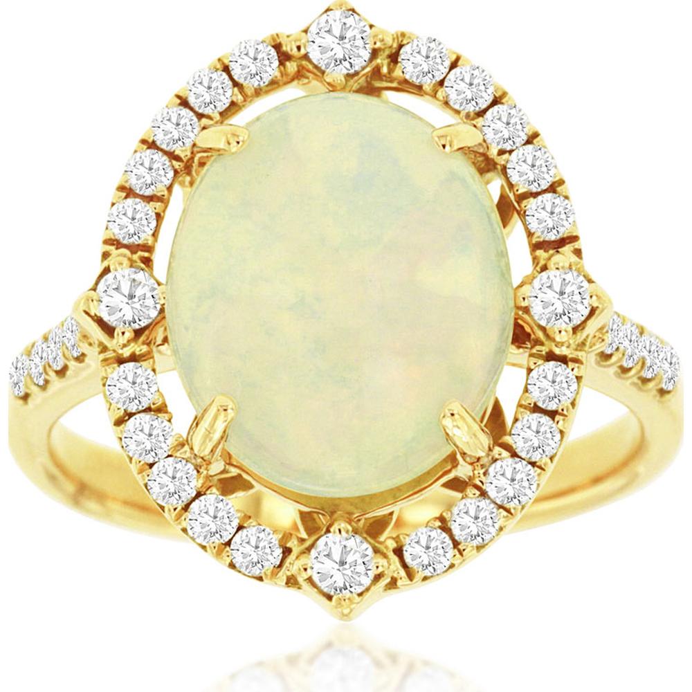 14K Yellow Gold Halo Ring with 3.00 Carat Oval Opal and 0.33 Carat Round Diamonds - Royal Jewelry