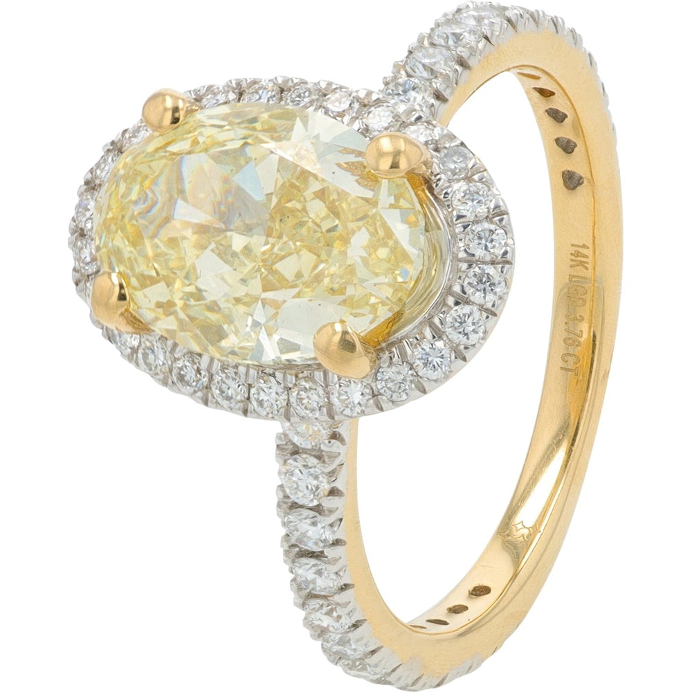 14K Yellow Gold Halo Ring with 3.02 Carat Oval Yellow Lab-Grown Diamond and Pavé Accent Diamonds - 3.76 Carat Total Diamond Weight