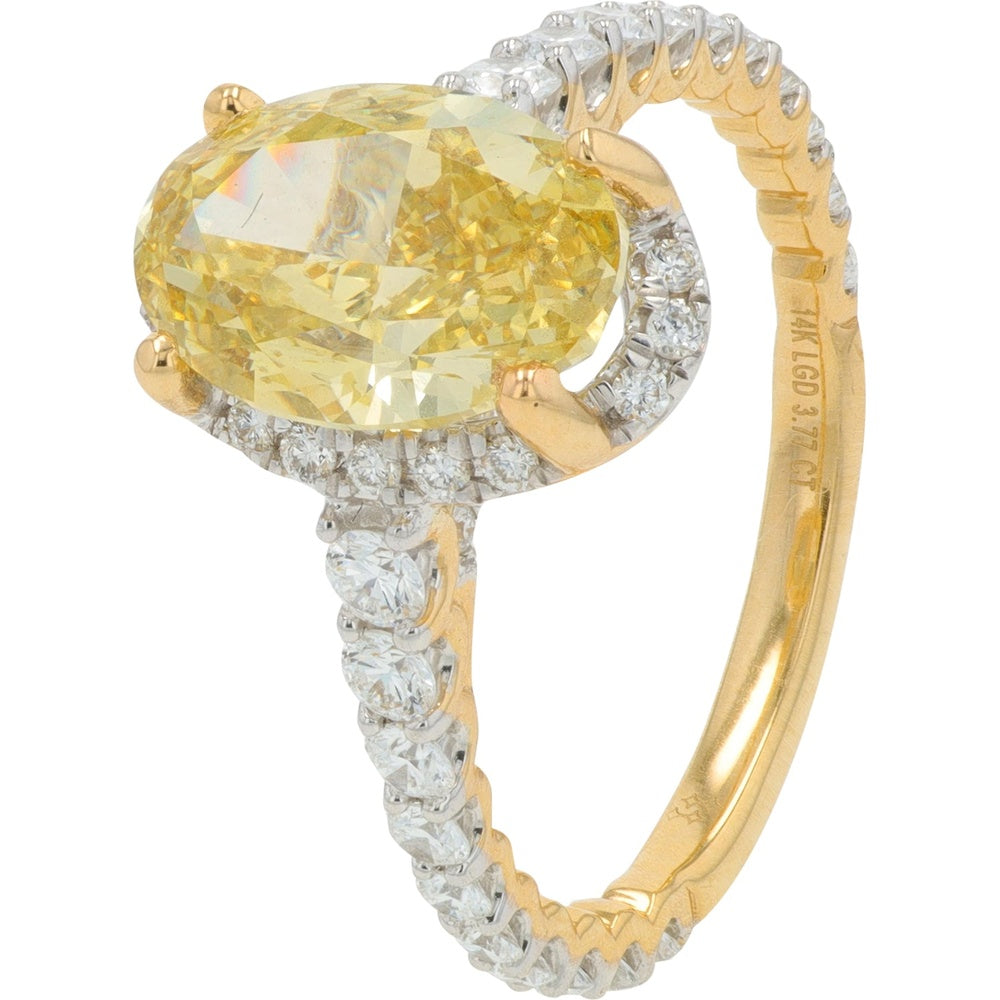 14K Yellow Gold Halo Ring with 3.08 Carat Oval Lab Grown Yellow Diamond and 0.63 Carat White Diamond Accents - 3.71 Carat Total Diamond Weight