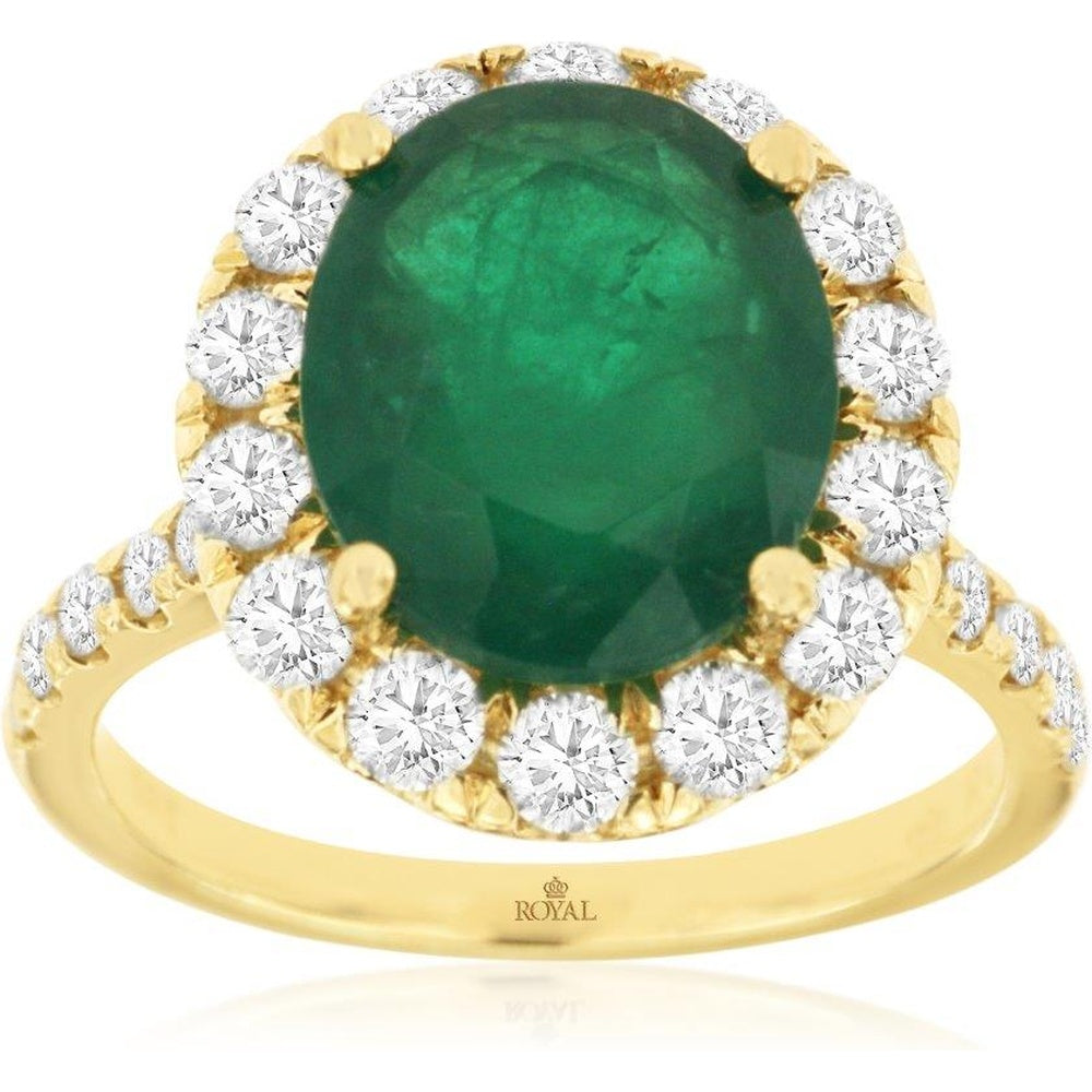 14K Yellow Gold Halo Ring with 4.75 Carat Oval Emerald and 1.25 Carat Round Diamonds - Royal Jewelry