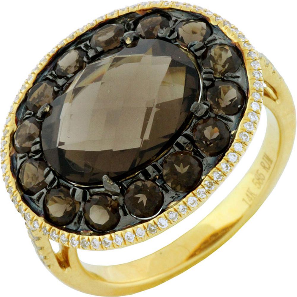 14K Yellow Gold Halo Ring with 4.75 Carat Oval Smoky Quartz and 0.18 Carat Round Diamonds - Royal Jewelry