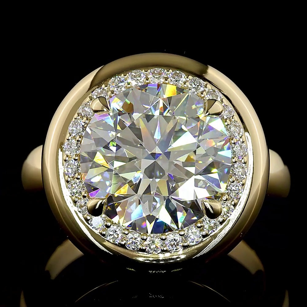 14K Yellow Gold Halo Ring with 5.05 Carat Round Brilliant Cut Lab Diamond and 0.30 Carat Accent Diamonds - IGI Certified, 5.35 Total Carat Weight - Covaloro Fine Jewelry