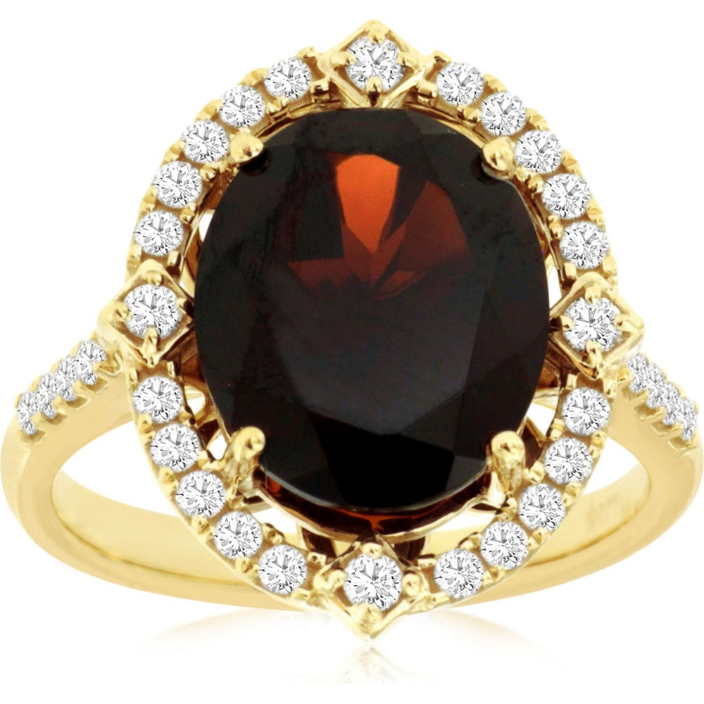 14K Yellow Gold Halo Ring with 5.50 Carat Oval Garnet and 0.33 Carat Round Diamonds - Royal Jewelry