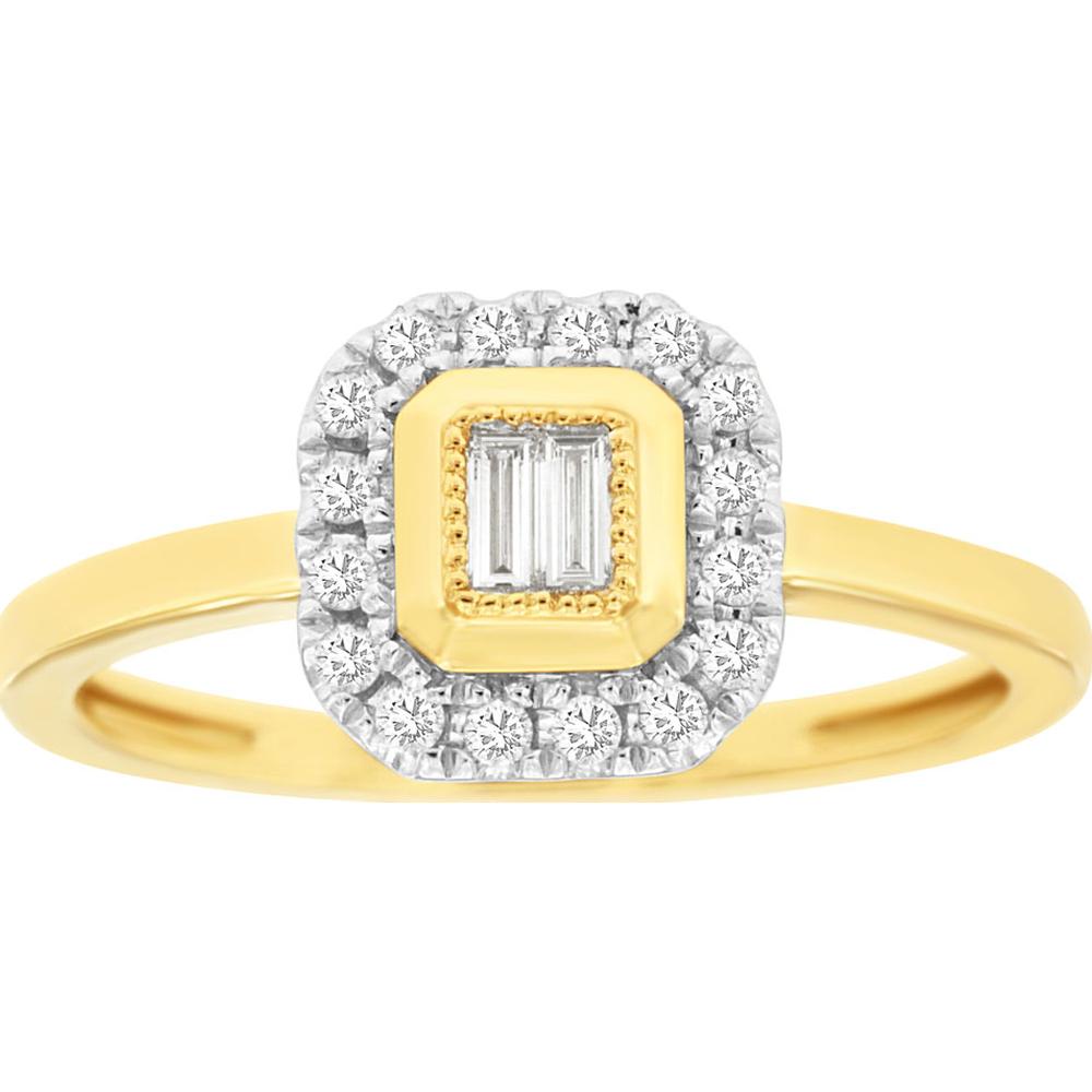 14K Yellow Gold Halo Ring with Baguette and Round Diamonds - 0.20 Carat Total Diamond Weight - Royal Jewelry