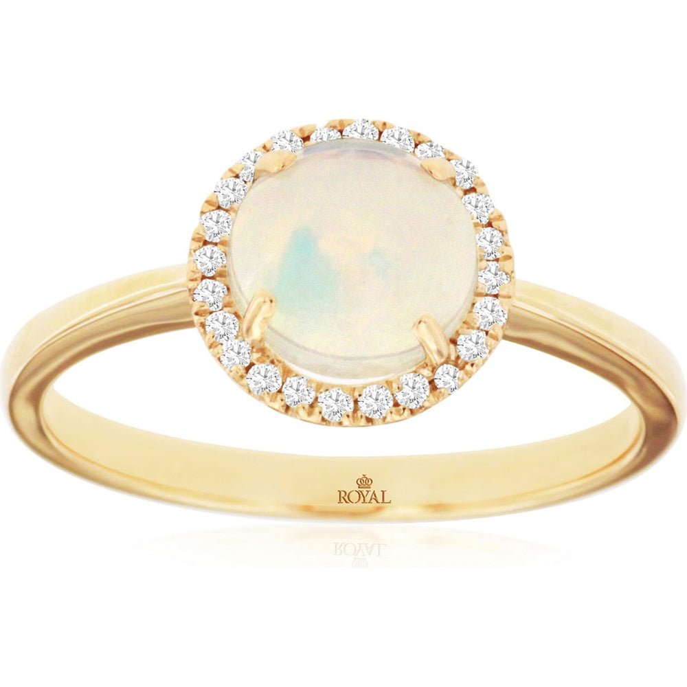 14K Yellow Gold Halo Ring with Cabochon Opal and Round Diamonds - 0.85 Carat Opal and 0.10 Carat Total Diamond Weight - Royal Jewelry