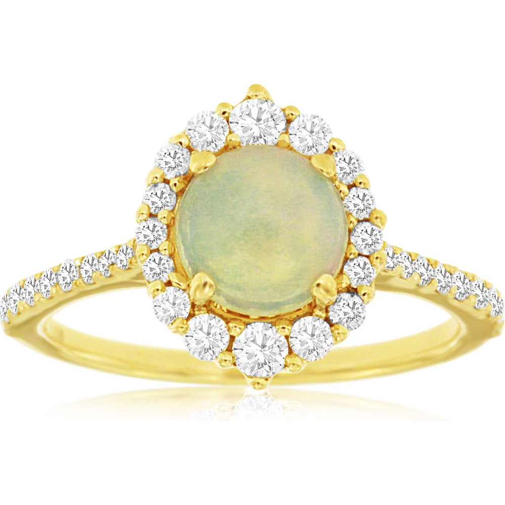 14K Yellow Gold Halo Ring with Cabochon Opal and Round Diamonds - 0.85 Carat Opal and 0.49 Carat Total Diamond Weight - Royal Jewelry