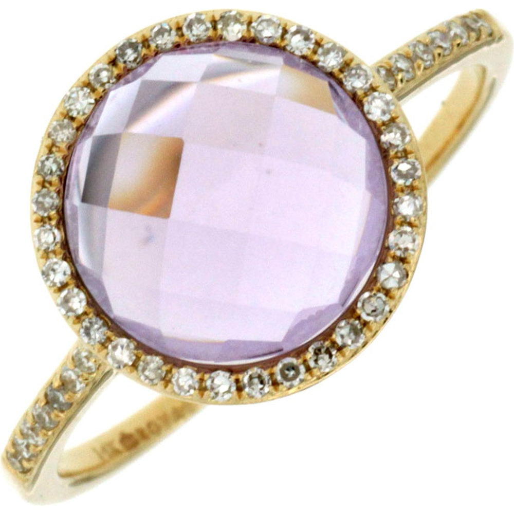 14K Yellow Gold Halo Ring with Checkerboard Cut Round Amethyst and Pave Set Diamonds - 2.70 Carat Amethyst and 0.15 Carat Total Diamond Weight - Royal Jewelry