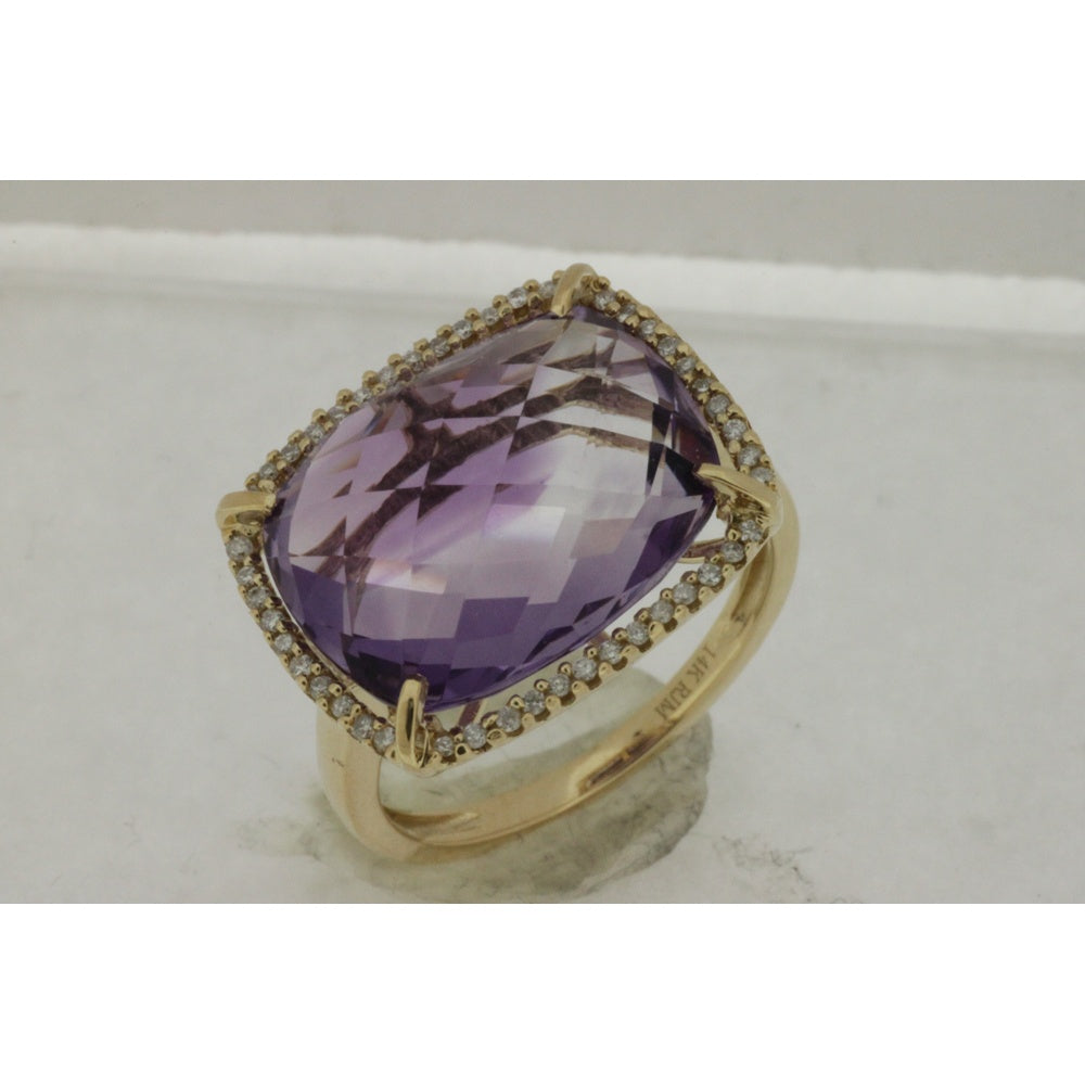 14K Yellow Gold Halo Ring with Cushion-Cut Amethyst and Round Diamonds - 11.25 Carat Amethyst and 0.15 Carat Total Diamond Weight - Royal Jewelry