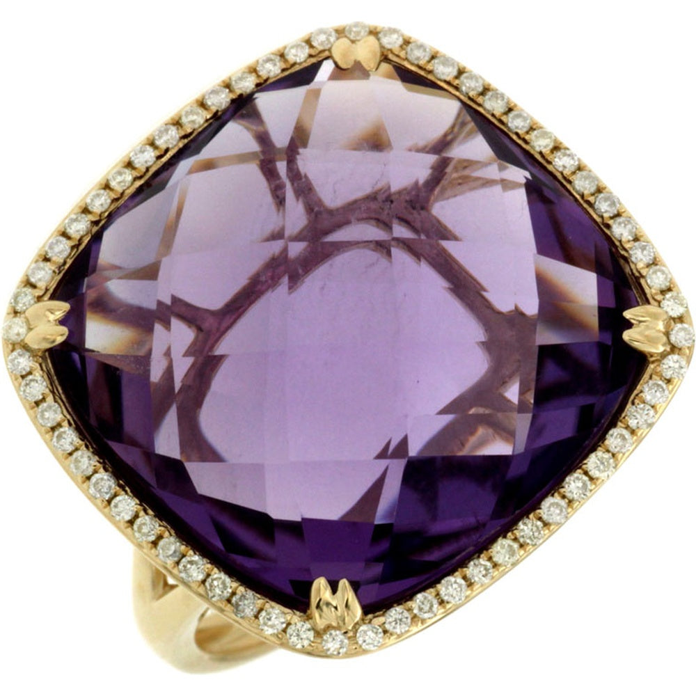 14K Yellow Gold Halo Ring with Cushion-Cut Amethyst and Round Diamonds - 15.85 Carat Amethyst and 0.24 Carat Total Diamond Weight - Royal Jewelry