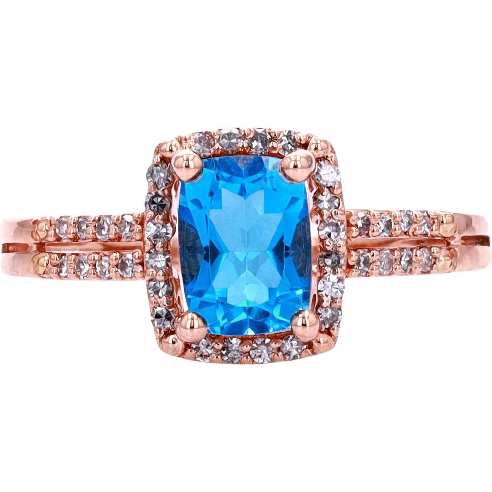 14K Yellow Gold Halo Ring with Cushion-Cut Blue Topaz and Diamond Accents - 0.17 Carats Total Diamond Weight